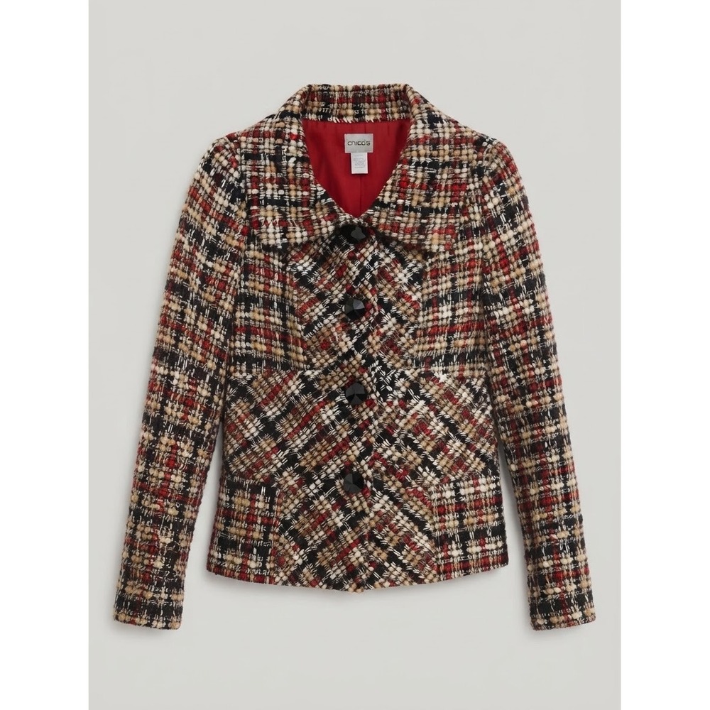 Chico's Women Blazer Size 1 Red Black Plaid Tweed Button Front Collared Jacket